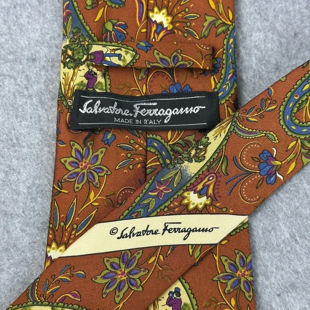 Vintage Ferragamo Silk Tie Brown Paisley Scenic Novelty Italy Wide 58x3.75